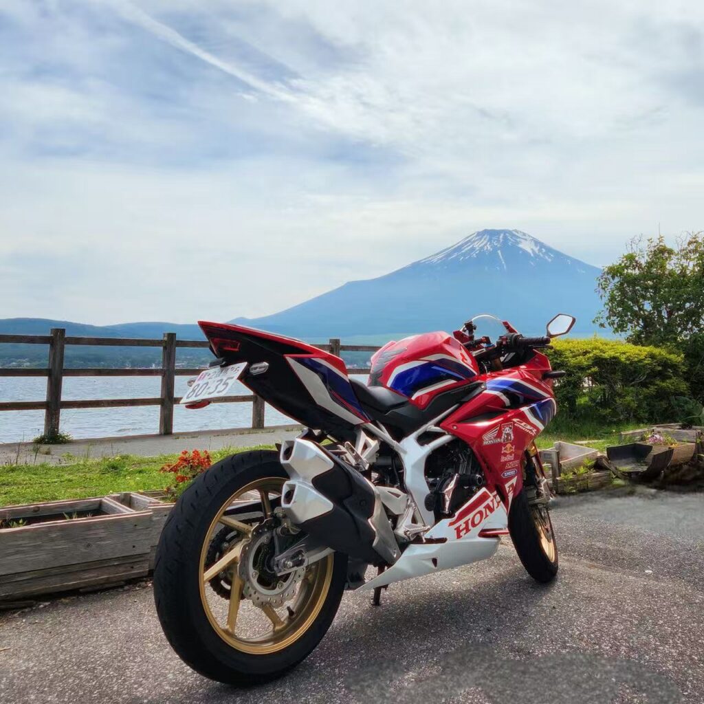 Mount Fuji view from motorcycle stop on Route 138 near Yamanaka-ko