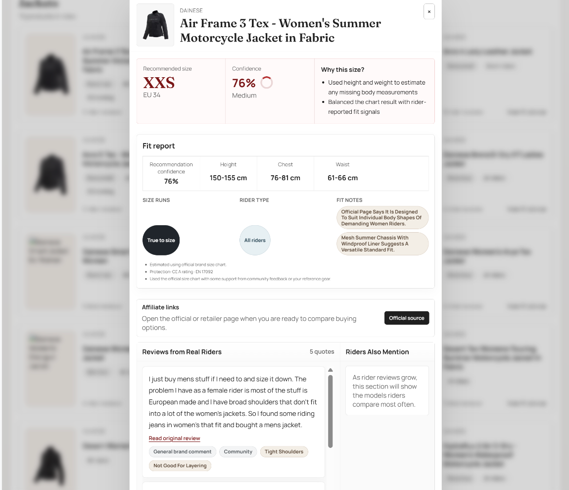 HanamiBike motorcycle gear fit advice card showing recommended size, fit report, and rider reviews